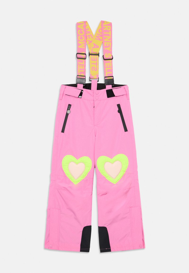 Rózsaszín sínadrág állítható sárga függőkkel, fekete cipzárokkal, és szív alakú zsebekkel zöld és őszibarack színben a térdeken.