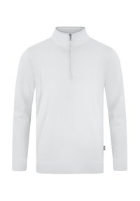 Pull léger à zip blanc avec des manches longues. Tissu doux, col montant et détails de couture subtils à l'ourlet et aux poignets. Design minimaliste.