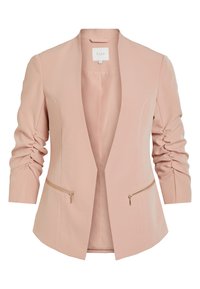 Blazer rose blush ajusté avec manches froncées, devant ouvert et deux poches zippées. Tissu lisse avec un léger éclat.