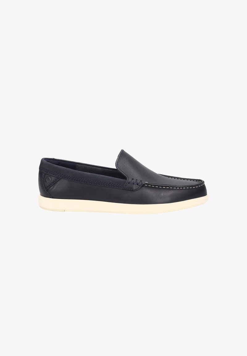 Scarpe slip-on in pelle blu navy con suola in gomma bianca, dettagli cuciti e finitura liscia. Presentano un punta rotonda e un logo laterale discreto.