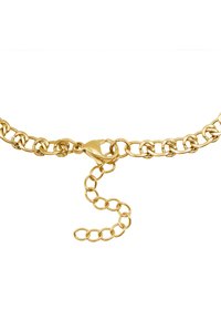 Gouden ketting met schakels die in elkaar grijpen, een veilige kreeften sluiting en een verstelbare verlengketting voor maatvariatie.