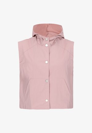 Giacca smanicata rosa chiaro con cappuccio, bottoni a pressione argento e due tasche frontali, realizzata in tessuto liscio.