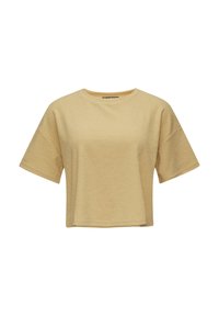 Kurzarm, croppendes T-Shirt in hellgelb mit einem strukturierten Zickzackmuster. Rundhals und lockere Passform. Keine sichtbare Markenkennzeichnung.