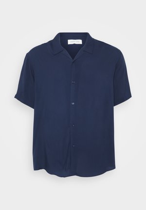 Navy short-sleeve shirt made from smooth fabric, featuring a button-front closure, collar, and a curved hem.