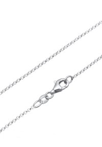 Silberne Halskette mit einem Karabinerverschluss. Besteht aus kleinen, verbundenen runden und ovalen Formen. Mit "925" gekennzeichnet für Sterlingsilber-Qualität.