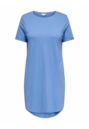 Light blue, short-sleeve, crew neck casual dress with a slightly rounded hem, displayed on a white background.