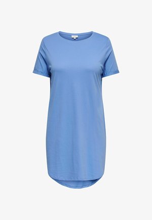 Light blue, short-sleeve, crew neck casual dress with a slightly rounded hem, displayed on a white background.