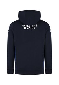 Granatowy hoodie z kapturem na sznurki, na plecach z białym napisem "WILLIAMS RACING", gładka faktura oraz ściągacze przy mankietach i dolnej krawędzi. Błękitne akcenty po bokach.