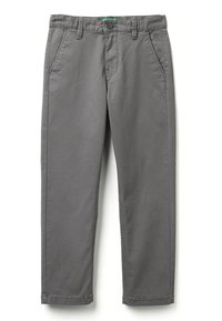 Pantalones de algodón de sarga gris con corte recto, que cuentan con bolsillos laterales, cierre de botón y costuras en contraste en el dobladillo.