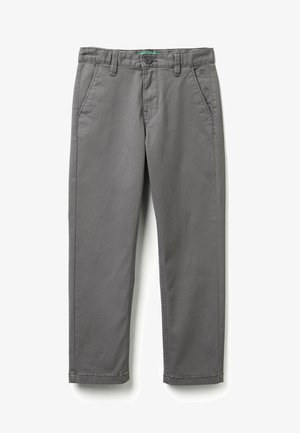 Pantaloni in twill di cotone grigio con taglio dritto, dotati di tasche laterali, chiusura con bottone e cuciture a contrasto all'orlo.