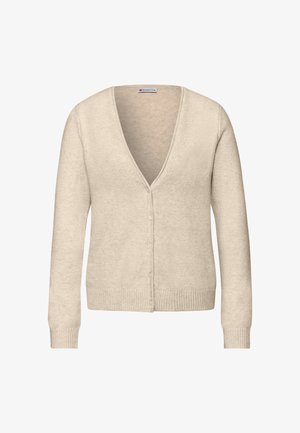 Beige cardigan i mjukt tyg med V-ringning, ärmar i full längd, ribbade muddar och fåll. Har knäppning längs fram.