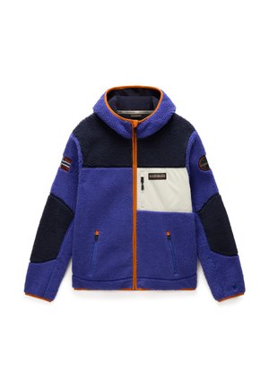 Fleece jack in paars met marineblauwe en crèmekleurige panelen. Voorzien van een rits aan de voorkant, een capuchon en twee ritszakken. Oranje accenten op de ritsen en de zoom.