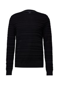Schwarzer Pullover mit horizontalen strukturierten Streifen, Rundhalsausschnitt und gerippten Bündchen. Weiches Material, einfarbig und taillierte Passform.