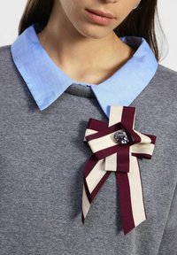 Donna che indossa un top grigio con colletto azzurro chiaro e una spilla a fiocco a righe bordeaux e beige con un grande gemma trasparente appuntata vicino al colletto.