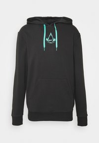 Felpa nera con cappuccio e lacci turchesi, tasca frontale e design con emblema sul petto. Realizzata in un tessuto morbido e texturizzato.