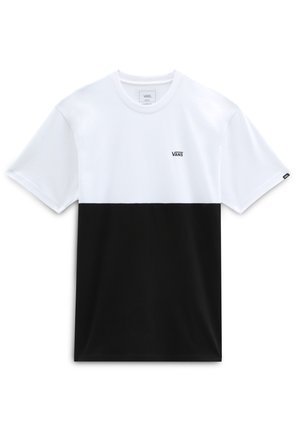 T-shirt Vans blanc et noir à manches courtes avec un petit logo Vans sur le haut de la poitrine.