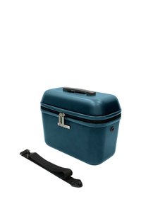 Custodia rigida blu con finitura testurizzata, chiusura a doppia zip, hardware in metallo e una tracolla nera rimovibile sul lato.
