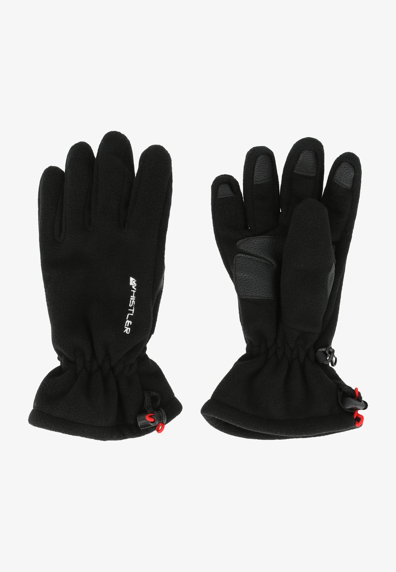 Zwarte fleece handschoenen met een strakke pasvorm, voorzien van gestructureerde gripstukken op de vingers en verstelbare polsbanden met rode accenten.