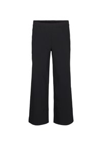 Zwarte cropped broek met een elastische tailleband, lichtgewicht stof en een rechte pijpdesign, zonder zichtbare patronen of hardware.