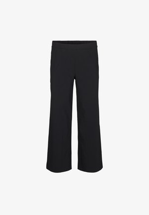 Pantaloni cropped neri con vita elasticizzata, tessuto leggero e design a gamba dritta, privi di motivi visibili o accessori.