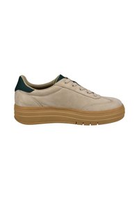 Beige suede sneaker with dark green heel, round toe, and lace-up front. Features a textured sole with grooves for grip.