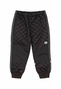 Pantalones acolchados negros con cintura elástica y puños. Presentan costuras horizontales y verticales, franjas reflectantes y un pequeño logotipo.