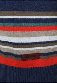 Tissu tricoté avec des rayures horizontales en bleu marine, marron, blanc, vert, rouge et beige, avec une étiquette en cuir marron portant le texte "Pepe Jeans".