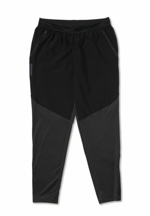 Black athletic pants with a tapered fit, featuring lighter black panels and side zip pockets. Made from smooth, stretchy fabric.