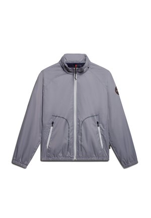 Gray lightweight jacket with a high collar, front zipper, two side pockets, elastic cuffs, and contrasting white zipper details.