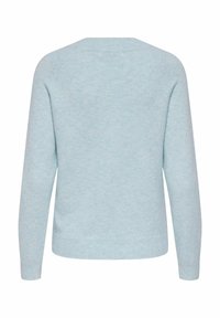 Light blue knitted sweater with long sleeves, round neckline, and ribbed hem. Soft texture and a solid, even color throughout.