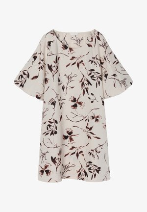 Vestido de estampado floral con escote cuadrado. Hecho de una tela beige claro, con patrones botánicos en marrón oscuro y mangas sueltas y fluidas.