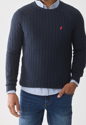 Uomo che indossa un maglione blu navy lavorato a trecce con logo di un uccello rosso sopra una camicia azzurra chiusa con bottoni e jeans blu, mano nella tasca.