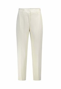 Lichte crèmekleurige broeken met een gestructureerd verticaal streep patroon, slim fit en een standaard tailleband. Geen zichtbare zakken of accenten.