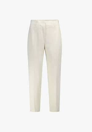 Lichte crèmekleurige broeken met een gestructureerd verticaal streep patroon, slim fit en een standaard tailleband. Geen zichtbare zakken of accenten.