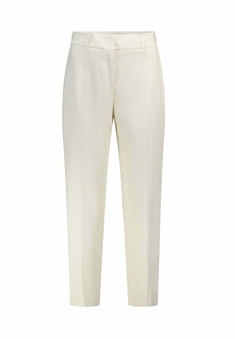 Lichte crèmekleurige broeken met een gestructureerd verticaal streep patroon, slim fit en een standaard tailleband. Geen zichtbare zakken of accenten.