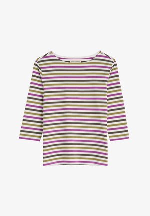 Gestreept top met lange mouwen in afwisselende kleuren olijfgroen, paars, wit en bruin. Zachte stof met een boothals en een ontspannen pasvorm.