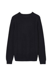 Dunkelmarineblaues langärmeliges Strickpullover mit geripptem Rundhalsausschnitt, Bündchen und Saum, flach ausgelegt und von hinten gezeigt.