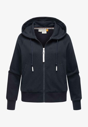 Sudadera con capucha azul marino con cremallera, fabricada con tela suave, que incluye una capucha con cordón, puños y dobladillo de canalé, y un logo sutil en el pecho.