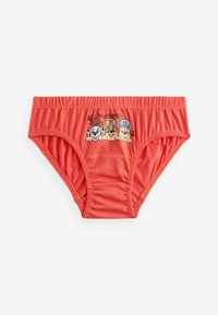Mutande di cotone rosse con vita elastica, decorate con un'immagine di tre cani dei cartoni animati di "Paw Patrol" sul davanti.