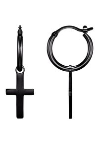 Schwarze Metall-Hoop-Ohrringe mit einem Kreuzanhänger. Glatte Oberfläche mit glänzender Textur, gesichert durch einen Bügelschluss.