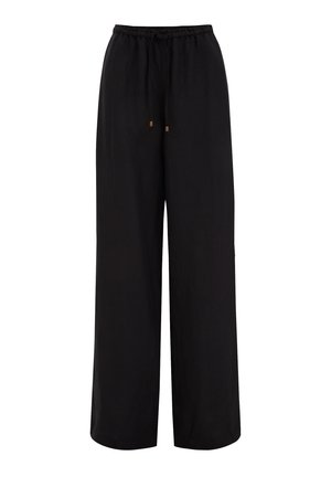 Pantalons larges noirs avec taille à cordon, fabriqués dans un tissu doux. Présentent une texture lisse et un design détendu et fluide.