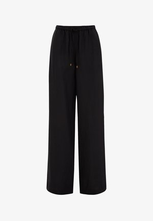 Schwarze weit geschnittene Hose mit einem Kordelzugbund, aus weichem Stoff gefertigt. Sie zeichnet sich durch eine glatte Textur und ein entspanntes, fließendes Design aus.