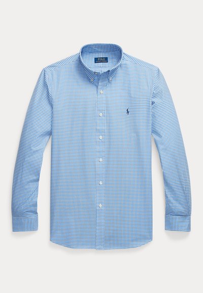 Camicia a maniche lunghe a quadri azzurro chiaro e bianco con bottoni, colletto abbottonato e piccolo logo ricamato sul petto.