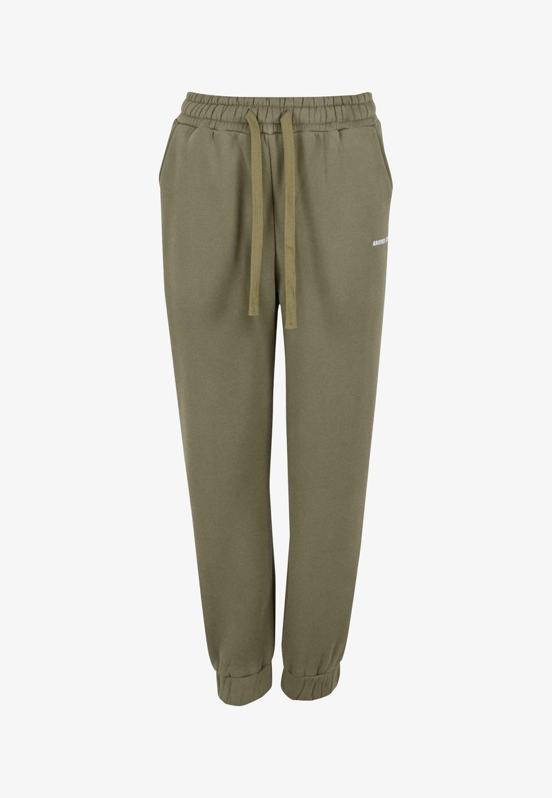 Oliven grønne joggingbukser med elastisk talje, snoretræk, sidelommer, afsluttede ankler og lille hvidt logo på venstre lår.