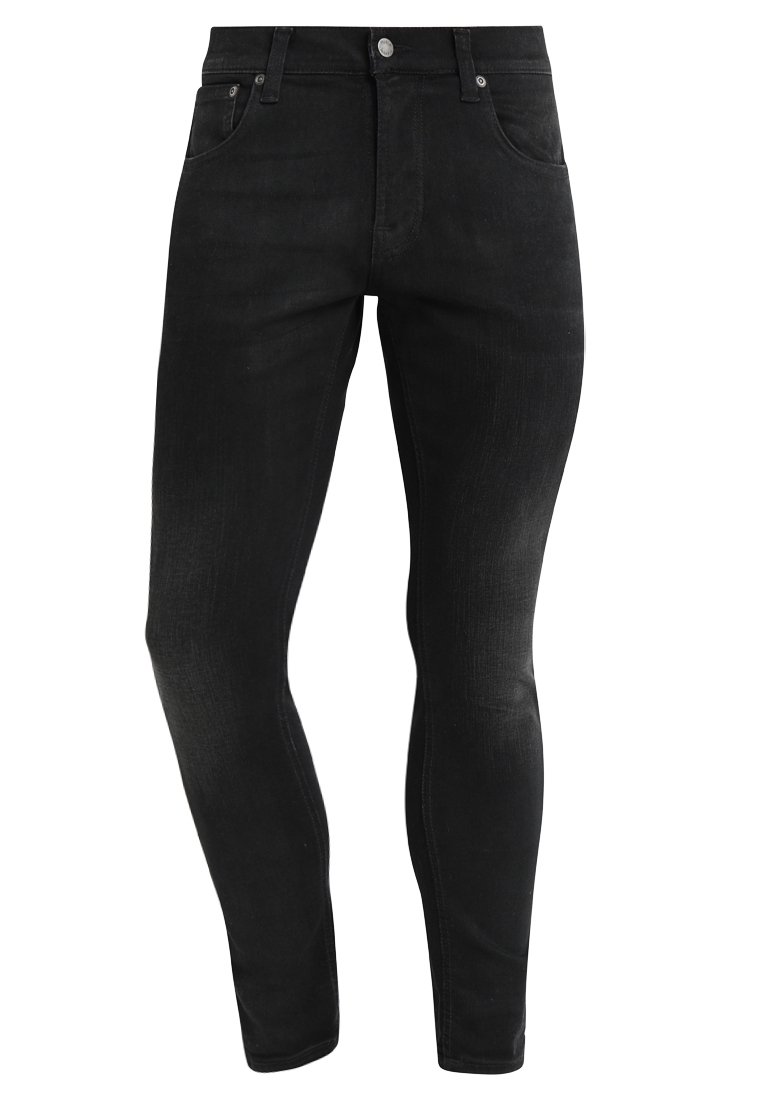 Schwarze Denim-Jeans im Slim-Fit, mit klassischem Fünf-Taschen-Design, Metallknopfverschluss und subtiler Ausbleichung an den Beinen.