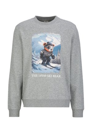 Grauer Pullover mit einer Grafik eines Bären, der in verschneiten Bergen Ski fährt, eine Skibrille und einen Hut trägt, mit dem Text "THE 19V69 SKI BEAR" darunter.