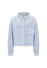 Blaue en witte gestreepte blouse met lange mouwen, knoopsluiting aan de voorkant, kraag en een enkele borstzak met horizontale strepen.