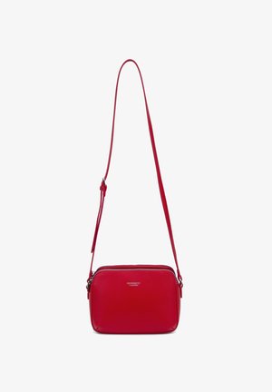 Borsa a tracolla rettangolare rossa con tracolla regolabile, superficie testurizzata e cerniera argentata, con logo "DIANA&CO COLLECTION" sul davanti.