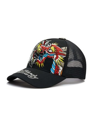Schwarze Baseballkappe aus Mesh mit farbig besticktem Drachen auf dem Frontpanel und weißem stilisiertem Text auf dem gebogenen Schirm.