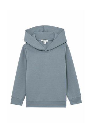 Sweat à capuche gris avec une capuche large et superposée, des manches longues et une texture douce. Présente un design simple avec des poignets et un ourlet côtelés.